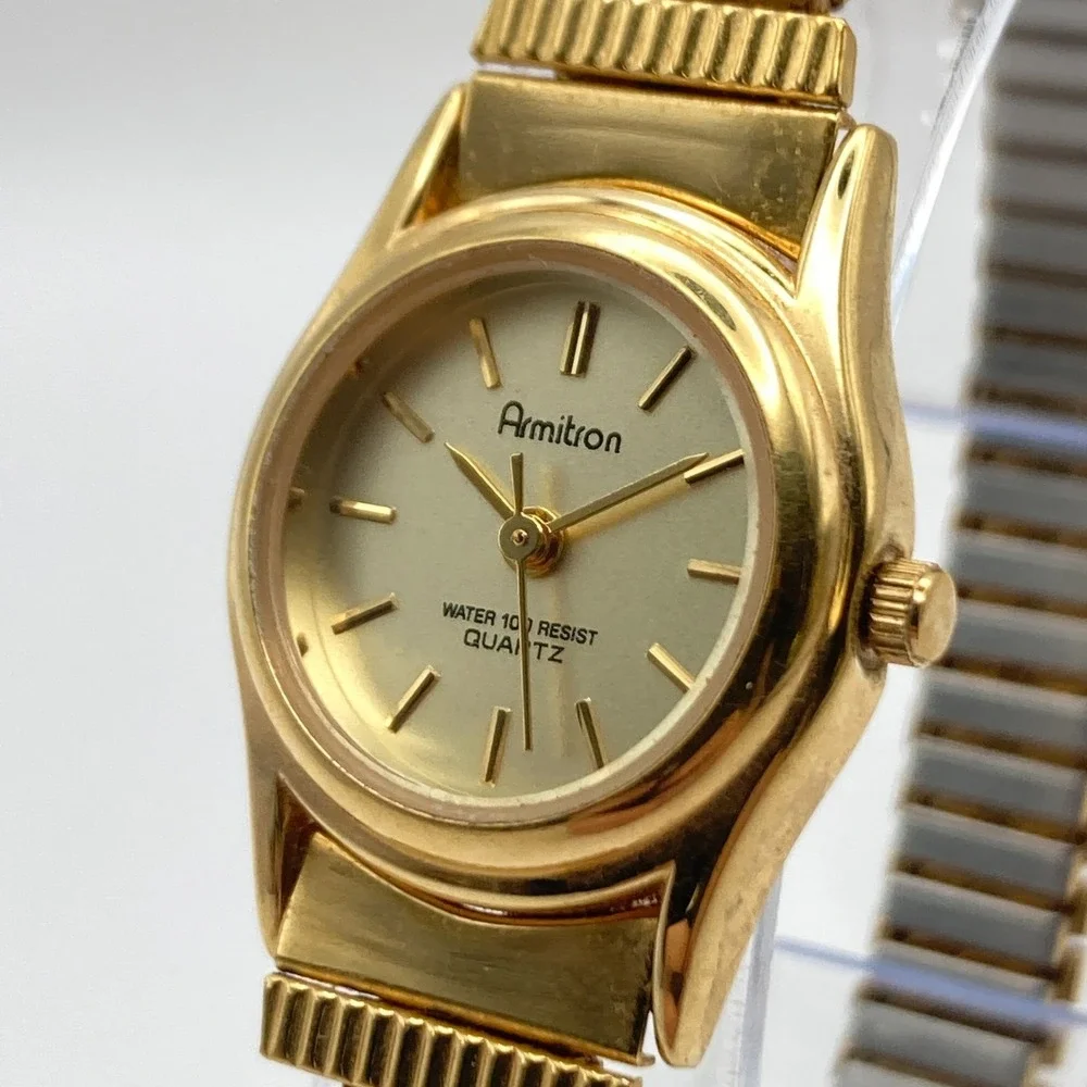 Vintage Armitron Womens Watch 20mm Gold Tone Stretch Band New Battery SMALL 5.75